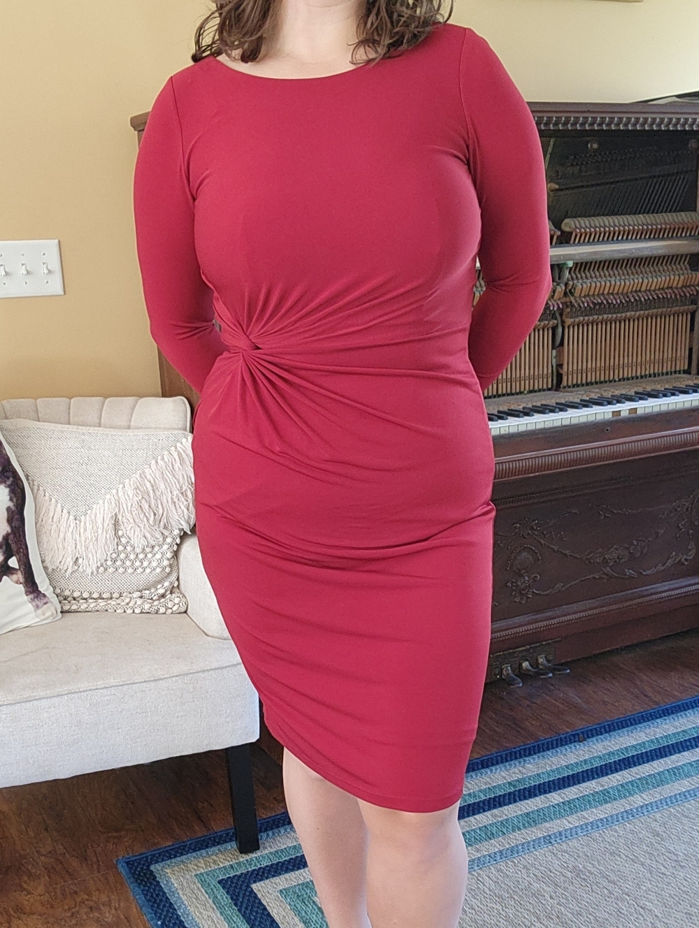 Bracelet-Sleeve Twist-Detail Burgundy Dress